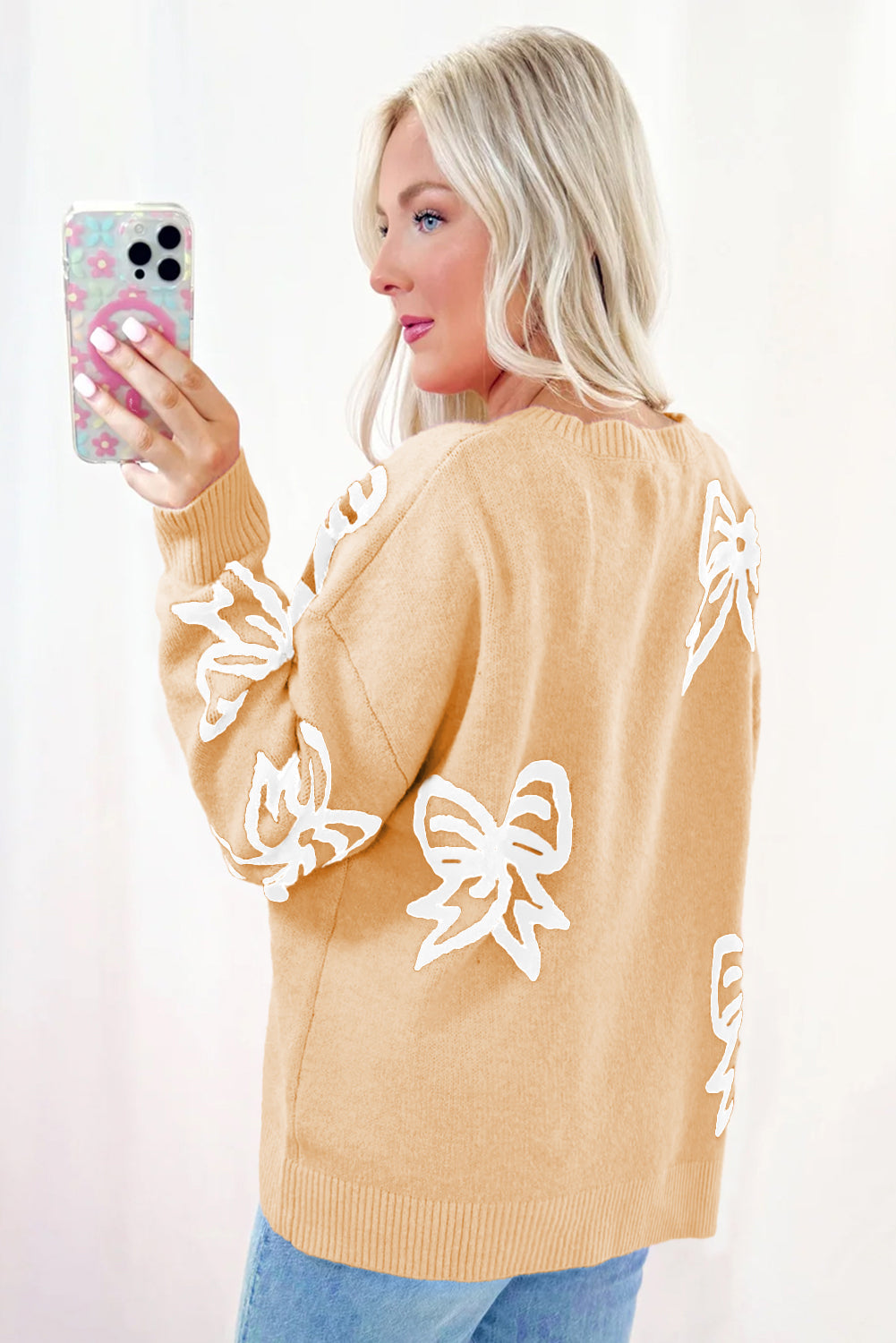 Golden Fleece Bow Pattern Drop Shoulder Loose Sweater