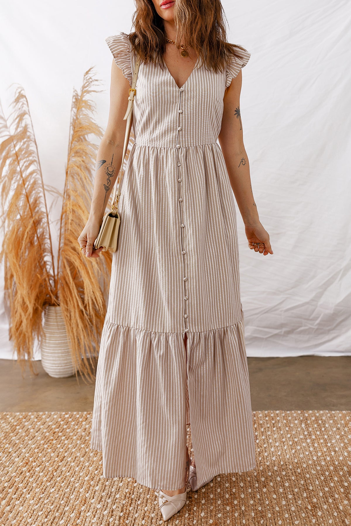 Khaki Stripe Flutter Sleeve Buttoned Front Slit Maxi Dress