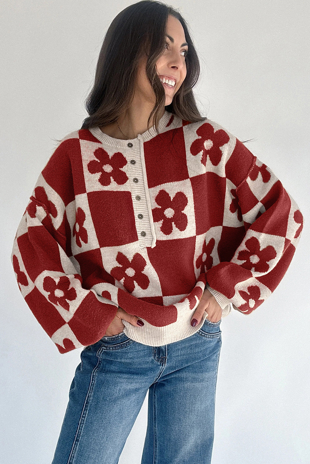 Thai Curry Flower Plaid Henley Baggy Sweater