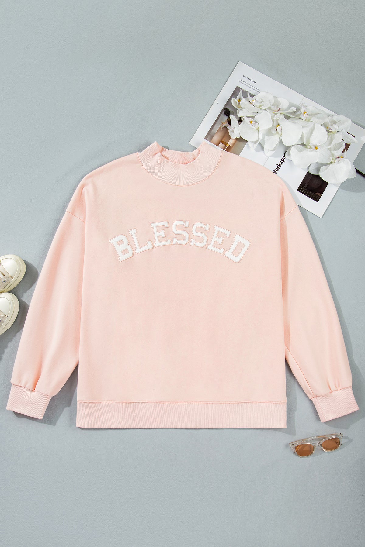 Light Pink BLESSED Embroidered Trim Patch Graphic Plus Size Mock Neck Sweatshirt