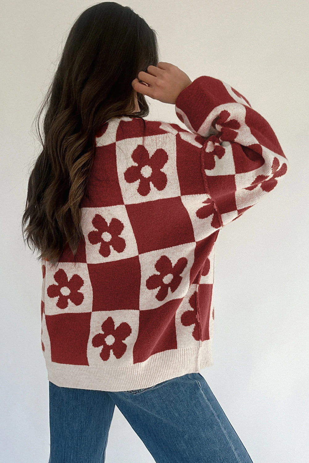 Thai Curry Flower Plaid Henley Baggy Sweater