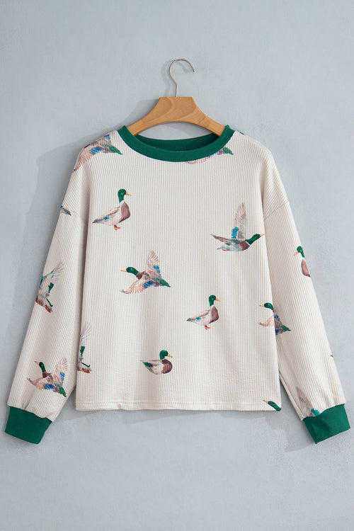 Beige Mallard Duck Print Plus Size Twisted Ribbed Top