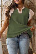 Vineyard Green Plus Size Contrast Frilled Neckline Ruffled Short Sleeve Ribbed Textured Blouse