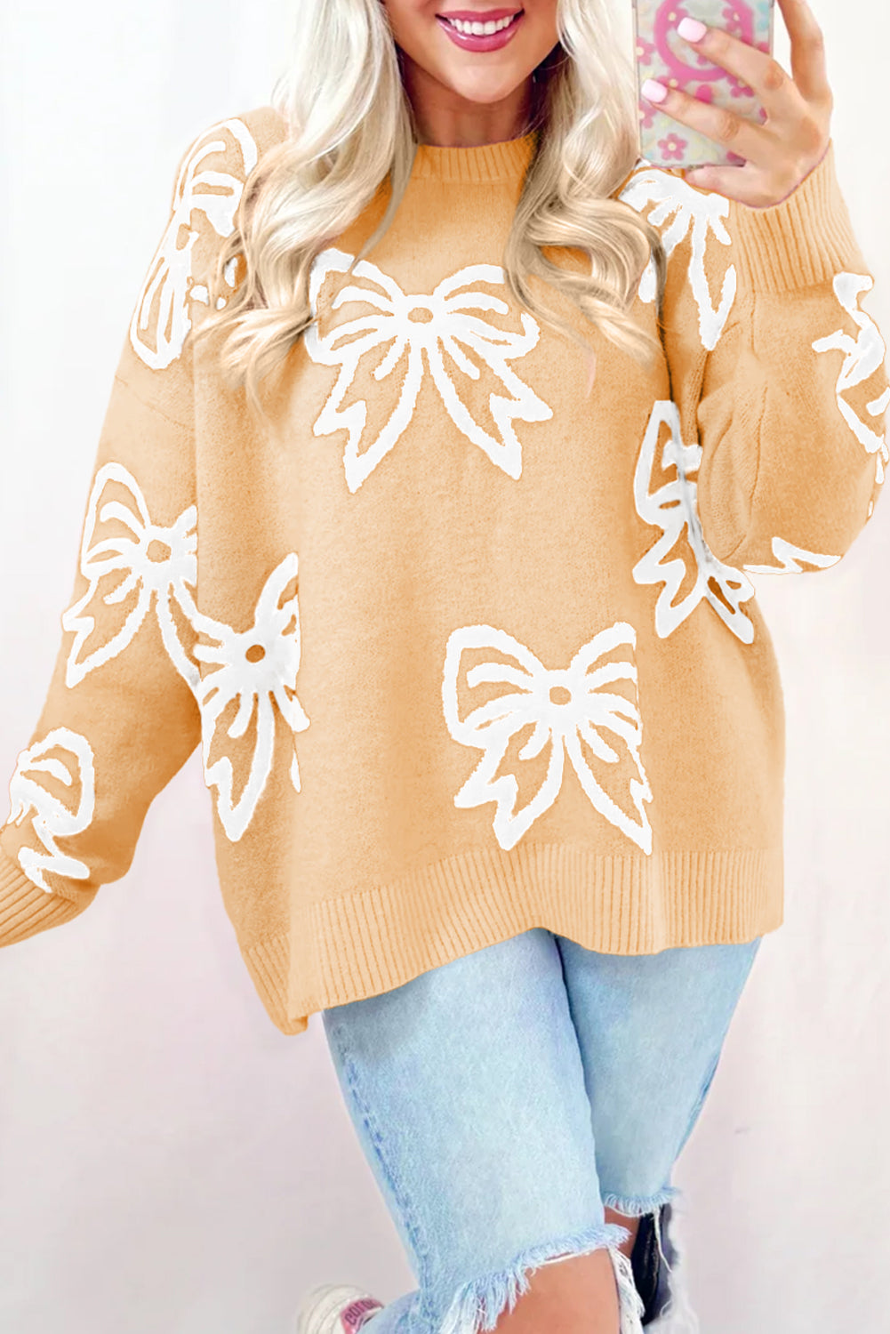 Golden Fleece Bow Pattern Drop Shoulder Loose Sweater